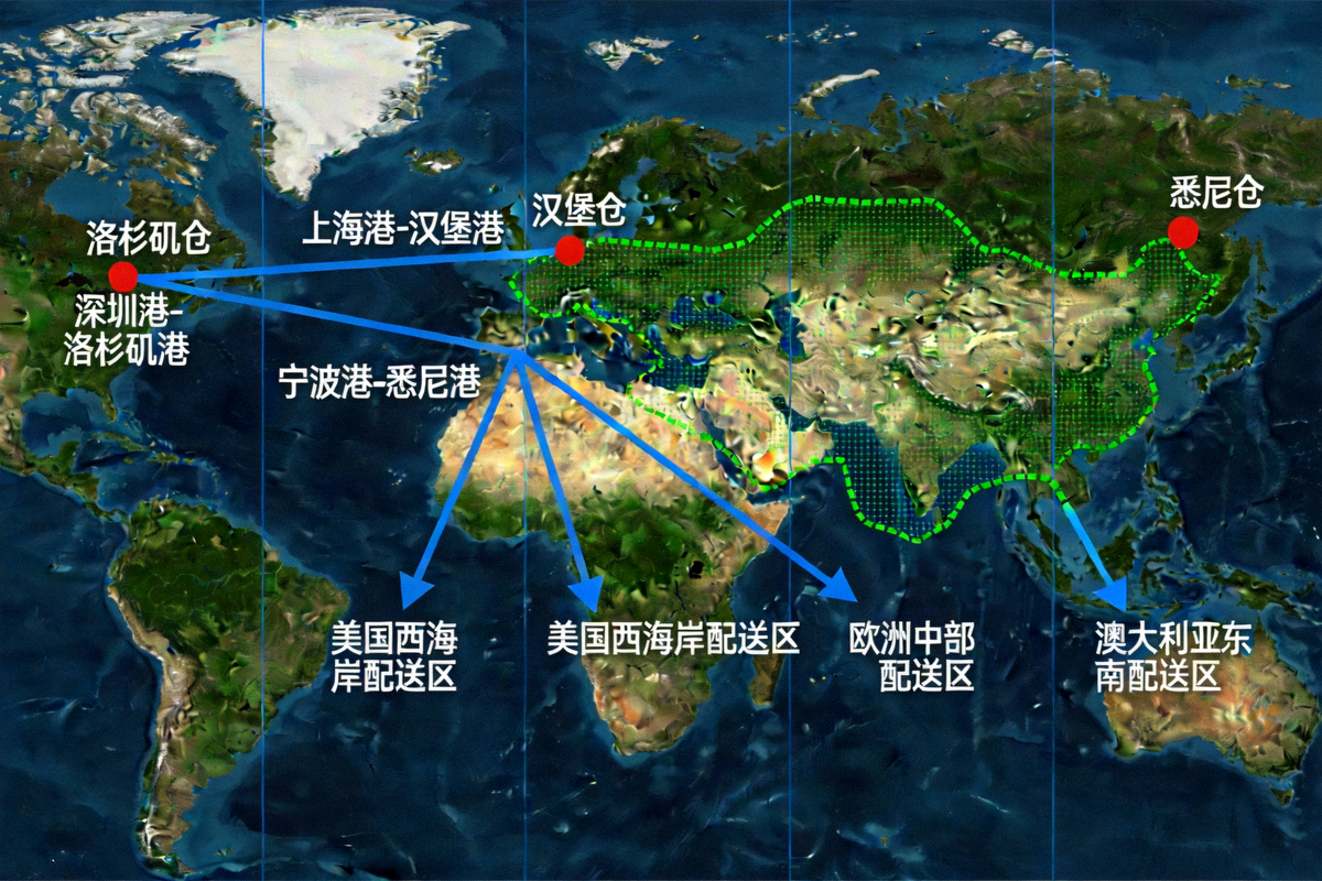 标注全球主要海外仓位置、头程航线与尾程配送网络的全链路物流资源可视化地图