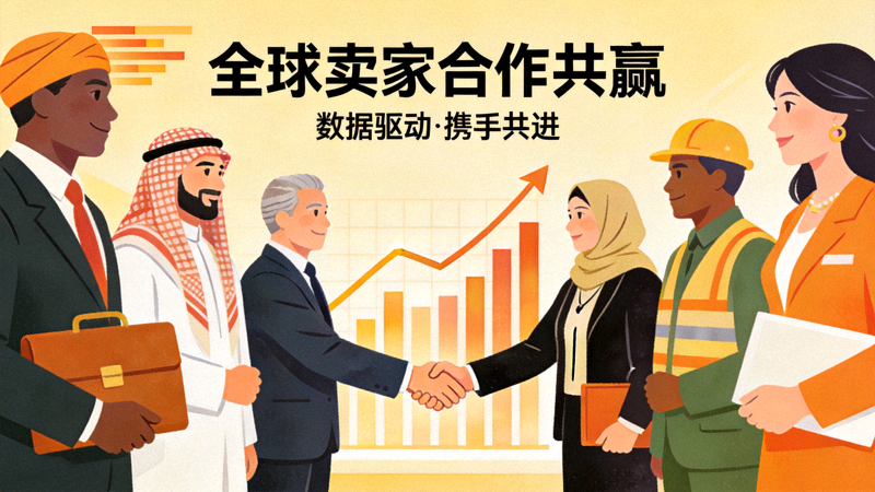 不同国家卖家握手合作，背景是数据图表与增长曲线，象征共赢