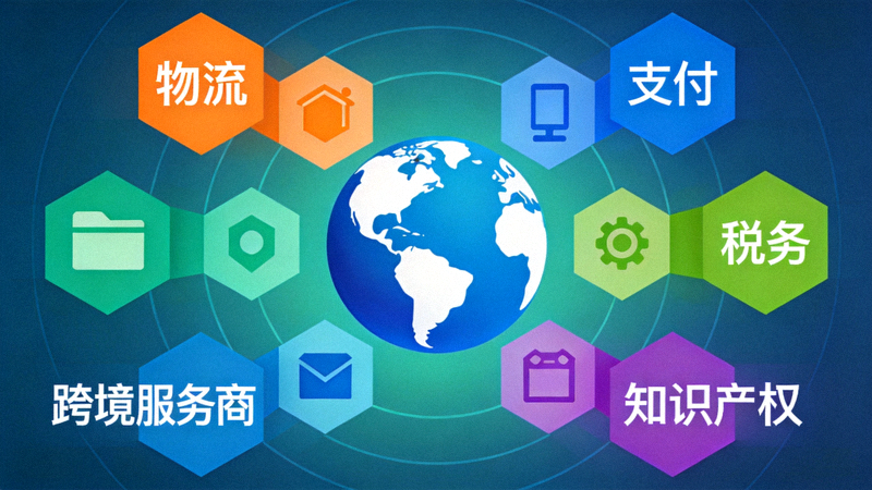 各类跨境服务商图标环绕地球，包括物流、支付、税务、知识产权等
