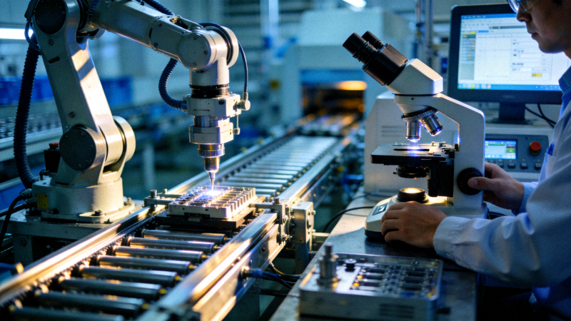 工厂生产线与严格的质量检测环节特写，代表可靠供应链资源