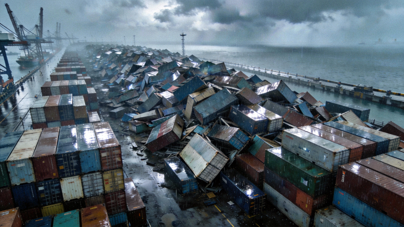 国际物流集装箱在港口堆积与延误的航拍图，象征物流链路的脆弱性