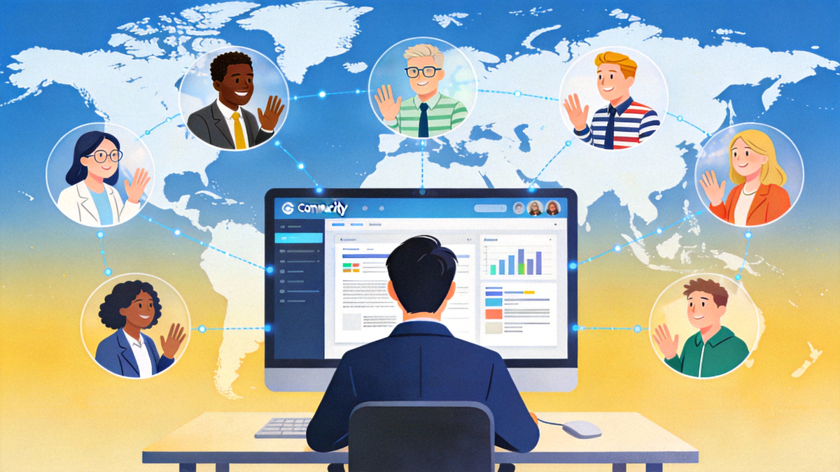 跨境卖家在全球地图背景前，通过社区平台与来自不同大洲的合作伙伴进行线上会议，象征全球资源链接