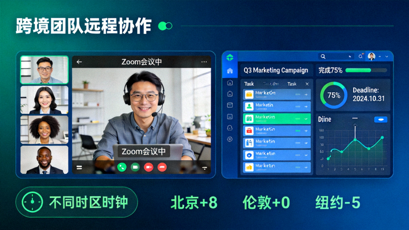 跨境团队远程协作使用项目管理工具与视频会议沟通的场景示意图