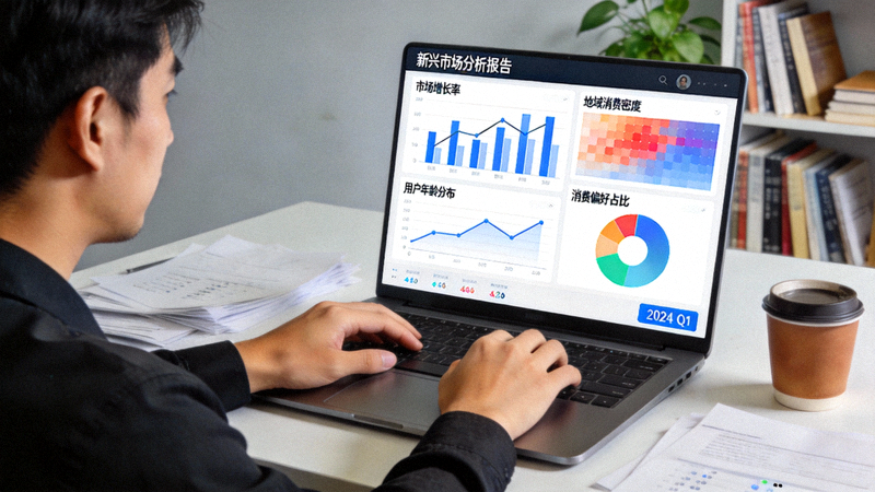 卖家在笔记本电脑上分析新兴市场数据图表与消费者画像的可视化界面