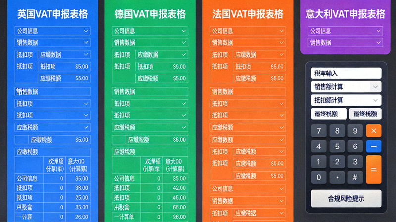 欧洲各国VAT税务申报表格与计算器界面示意图，展示税务合规的复杂性