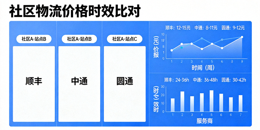 社区内物流价格比对仪表盘，可视化展示不同服务商、路线的历史报价与时效