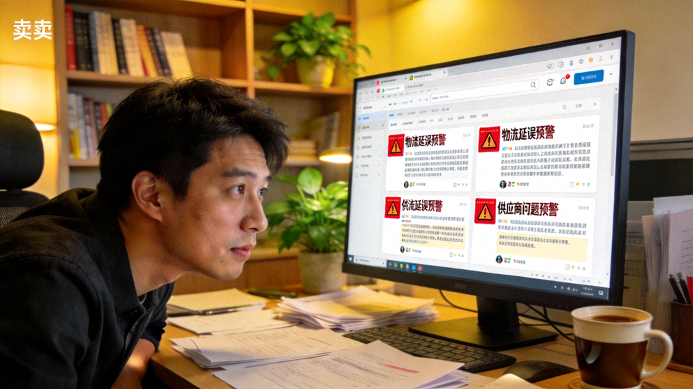 一个卖家在电脑前查看社区论坛中关于物流延误和供应商问题的红色预警标签帖子