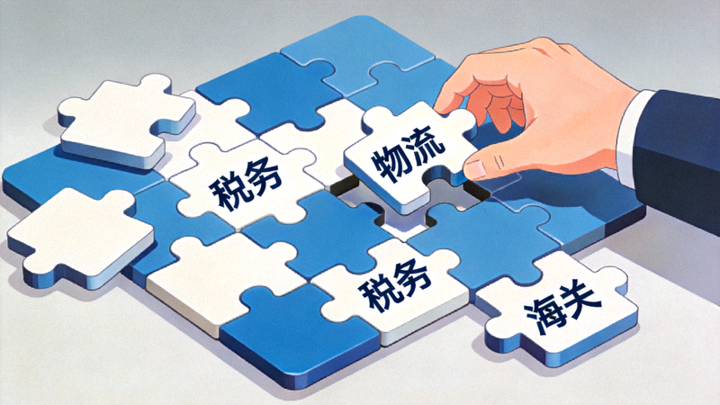 一个拼图游戏，拼图块分别是物流、税务、海关等跨境难题，正在被一只手逐一解决