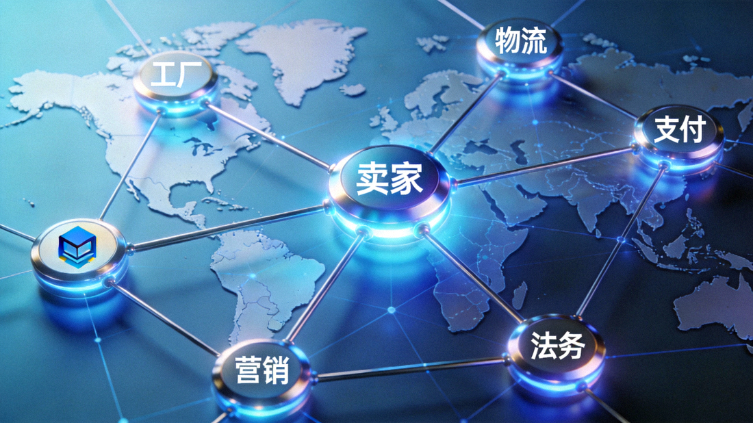 一个三维网状图，中心是卖家，节点连接着全球各地的工厂、物流、支付、营销和法务等图标，象征资源网络