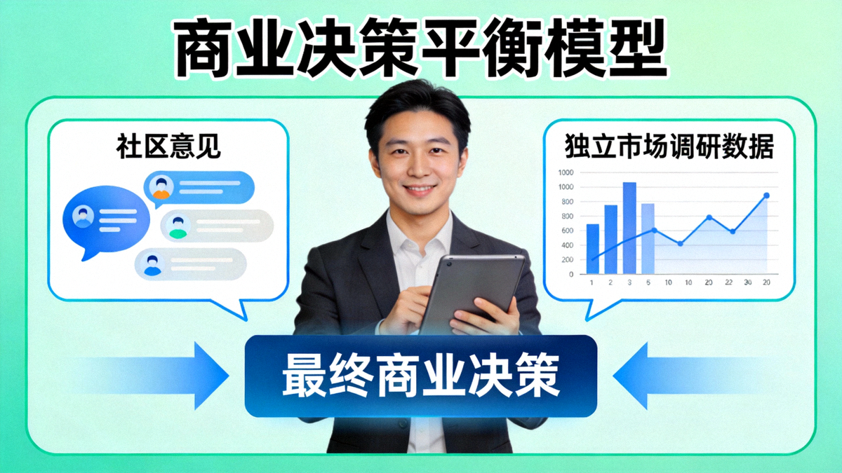 一位卖家平衡地参考社区意见与独立市场调研数据以做出商业决策的概念图