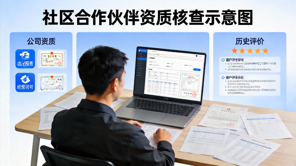 一位卖家在电脑前仔细核查社区内潜在合作伙伴的公司资质与历史评价的示意图