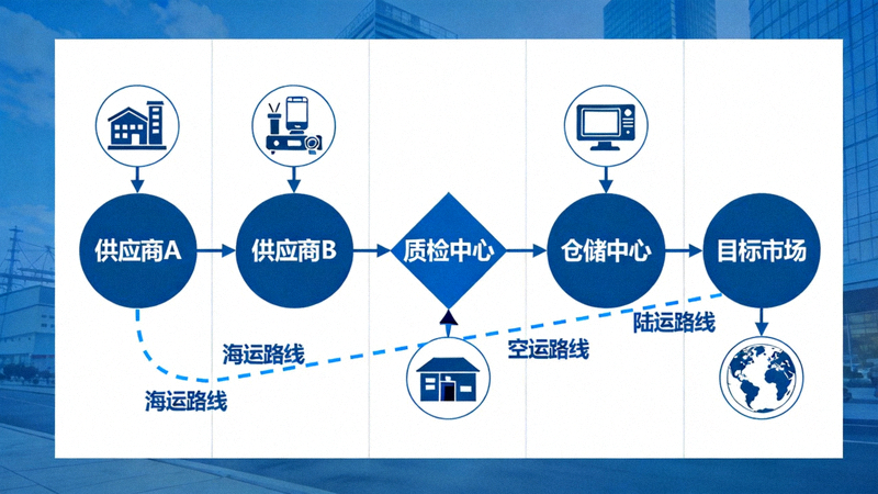 展示一个健康的跨境供应链网络图，包含多个供应商、质检环节和物流路线