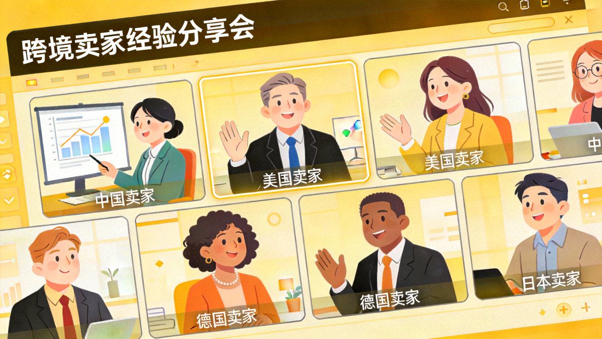 来自不同国家的跨境卖家在线上社区中进行视频会议，分享各自市场的经验与风险提示