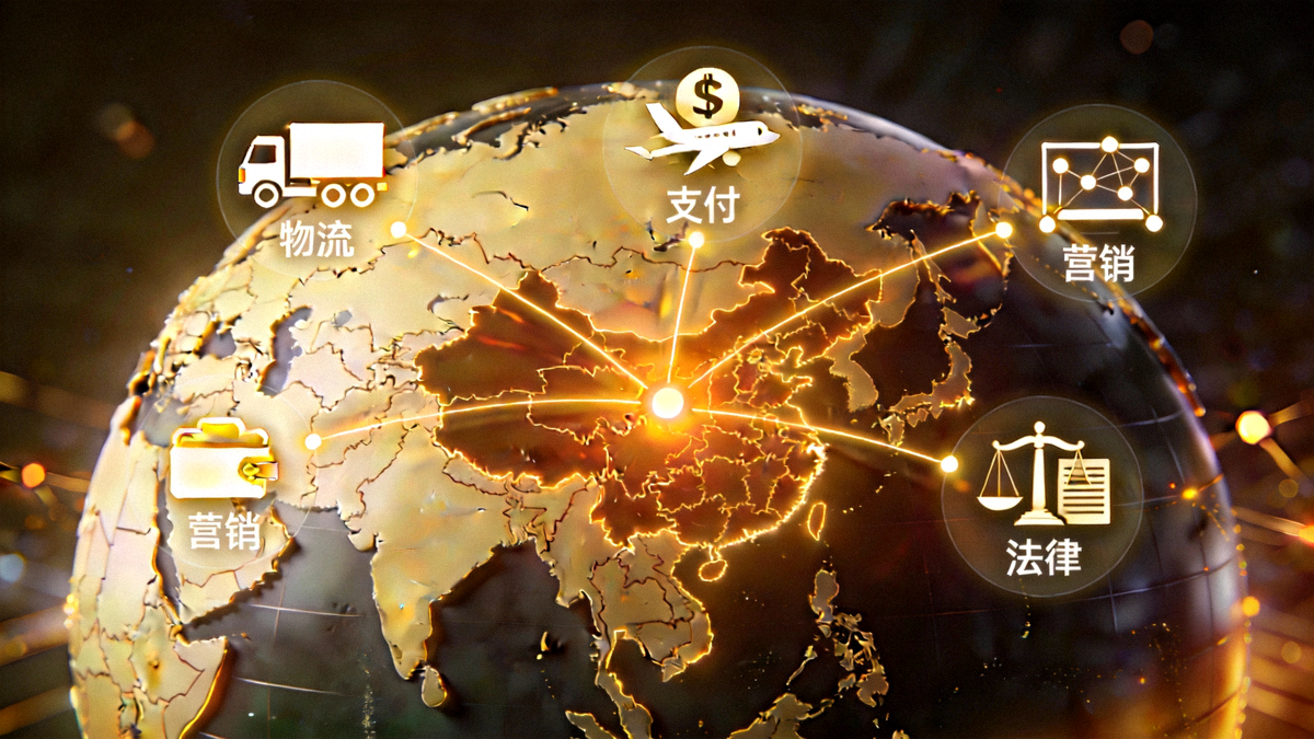 一个三维地球图形上，从中国射出多条连接线至全球各大洲，线上标注着物流、支付、营销、法律等不同类型的资源图标，象征通过社区链接全球资源