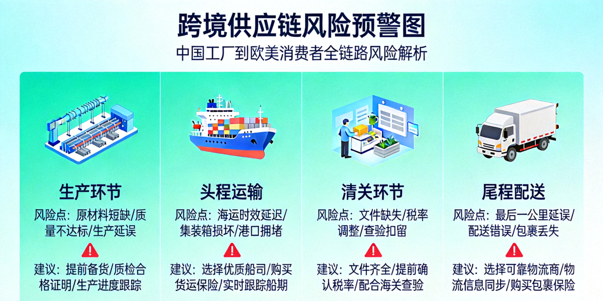 一张信息图展示了从中国工厂到欧美消费者手中，跨境供应链各环节（生产、头程、清关、尾程）可能出现的风险点及社区对应的预警提示