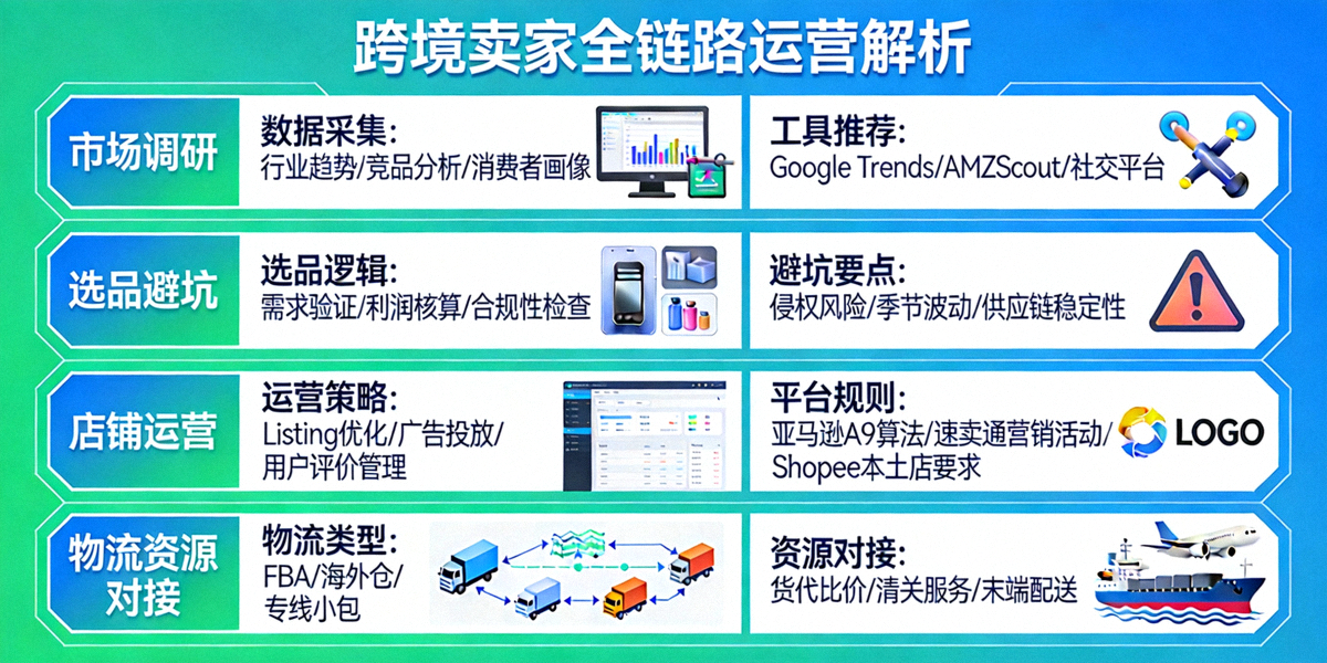 跨境卖家全链路运营解析长图：从市场调研、选品避坑、店铺运营到物流资源对接的全过程可视化流程图