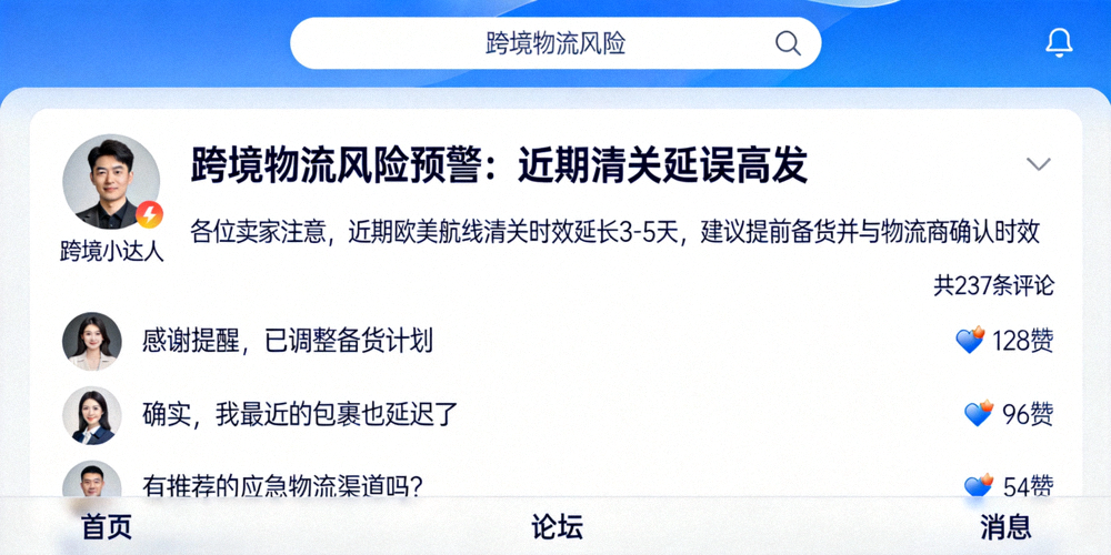 展示跨境卖家在社区论坛中发布风险预警帖并引发热烈讨论的界面模拟图