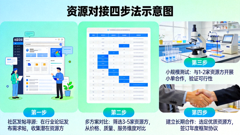从社区发帖寻源、多方案对比、小规模测试到建立长期合作的资源对接四步法示意图