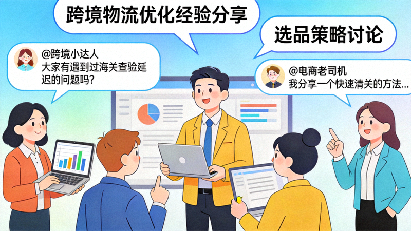多位跨境卖家在线上社区中进行经验分享与问题讨论的虚拟场景示意图
