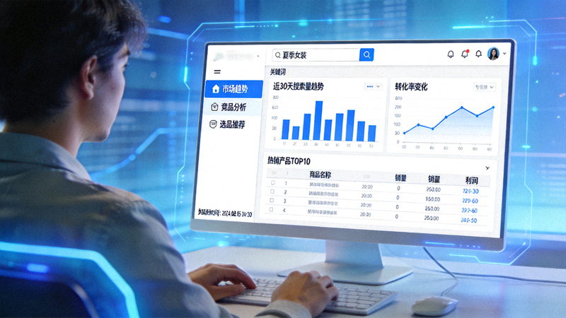 卖家使用数据分析工具进行市场调研和产品选品的操作界面