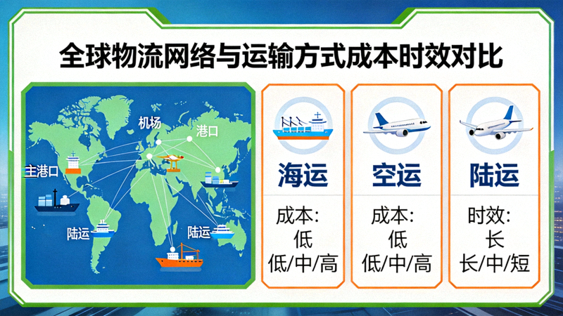全球物流网络地图与不同运输方式成本时效对比图