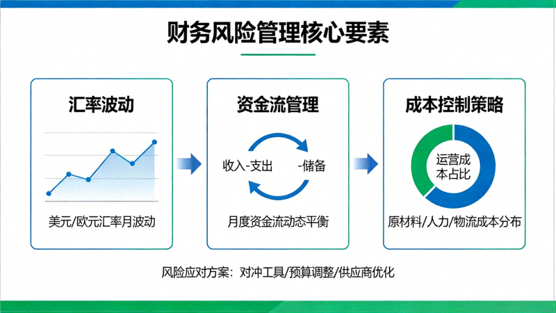 图表展示汇率波动、资金流与成本控制等财务风险管理概念
