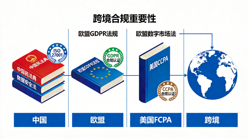 展示不同国家法律法规书籍与合规标志的示意图，强调跨境合规的重要性