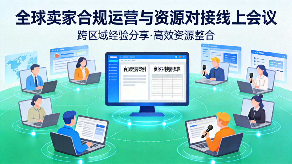 全球各地卖家在线上会议中分享合规运营与资源对接经验的场景示意图