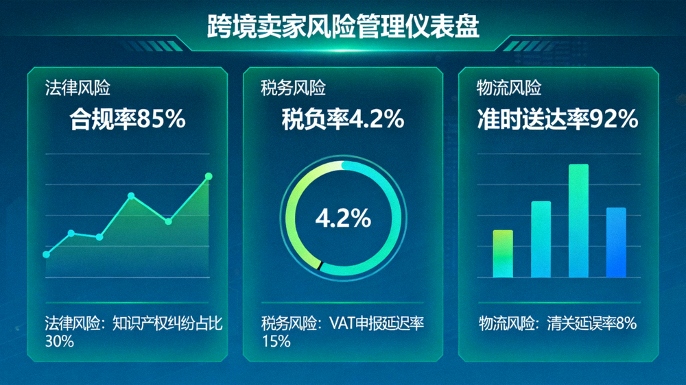 展示跨境卖家风险管理仪表盘，涵盖法律、税务、物流等多维度风险指标的可视化图表