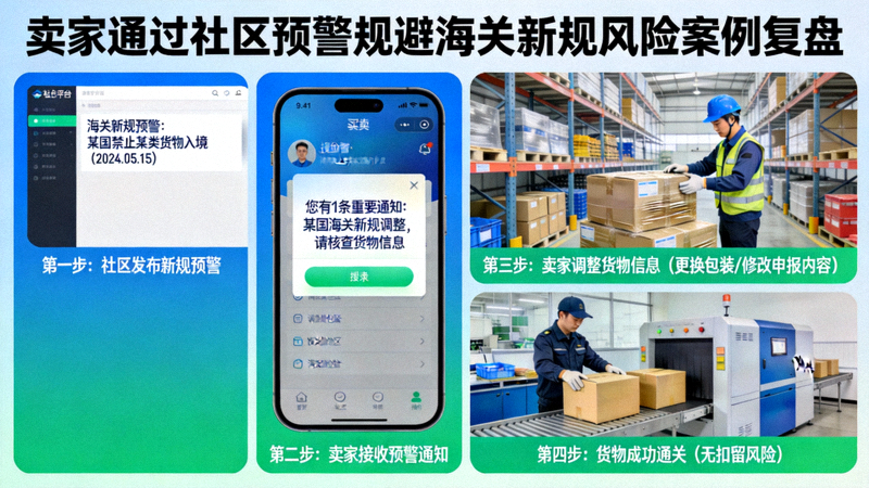 卖家通过社区预警成功规避某国海关新规导致货物扣留风险的案例复盘图示