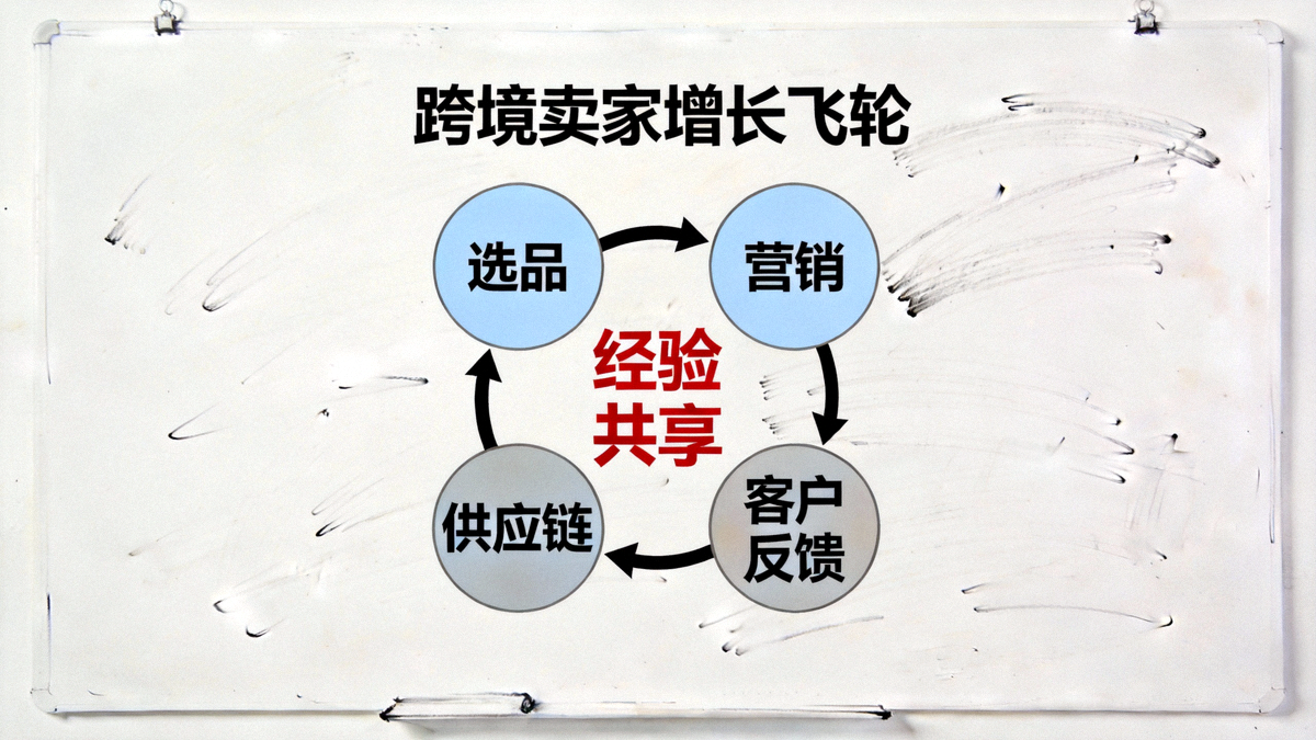 一块白板上画着跨境卖家增长飞轮图，包含选品、营销、供应链、客户反馈等环节，由经验共享驱动