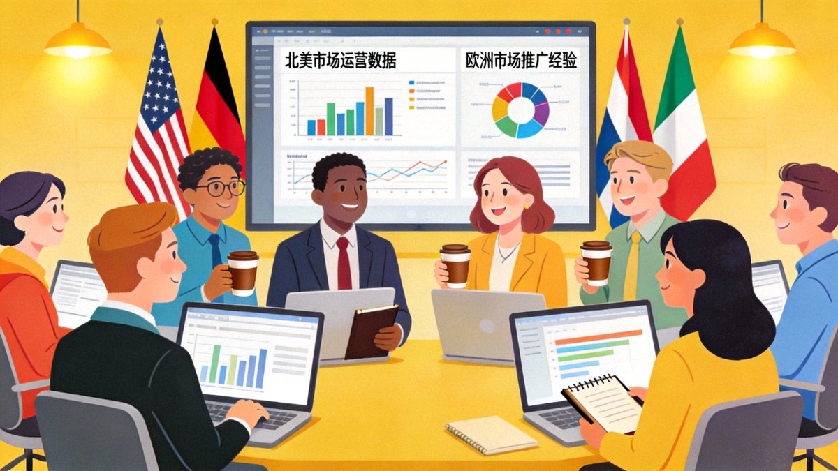 一群来自不同国家的跨境卖家在线上社区中进行视频会议，分享各自市场的运营数据和经验